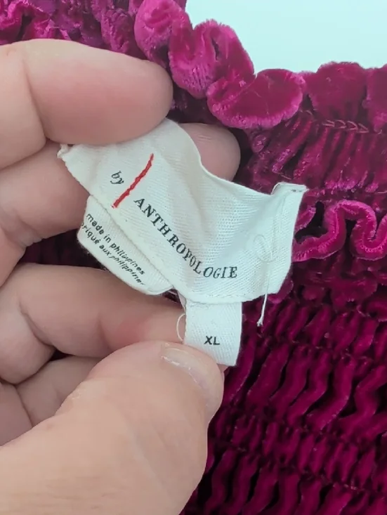 Anthropologie Velvet Smocked Long-Sleeve Top - Magenta - Picture 2 of 6